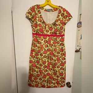 Boden Pink Green Floral Scoop Neck Short Sleeve Cotton‎ Dress Size 6R